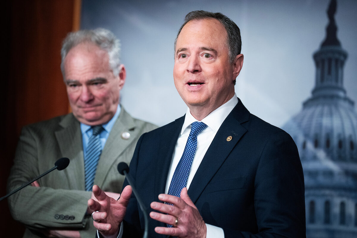 Sens. Adam Schiff, D-Calif., right, and Tim Kaine, D-Va., conduct a news conference in the Capitol on Jan. 8 (Tom Williams/CQ Roll Call)