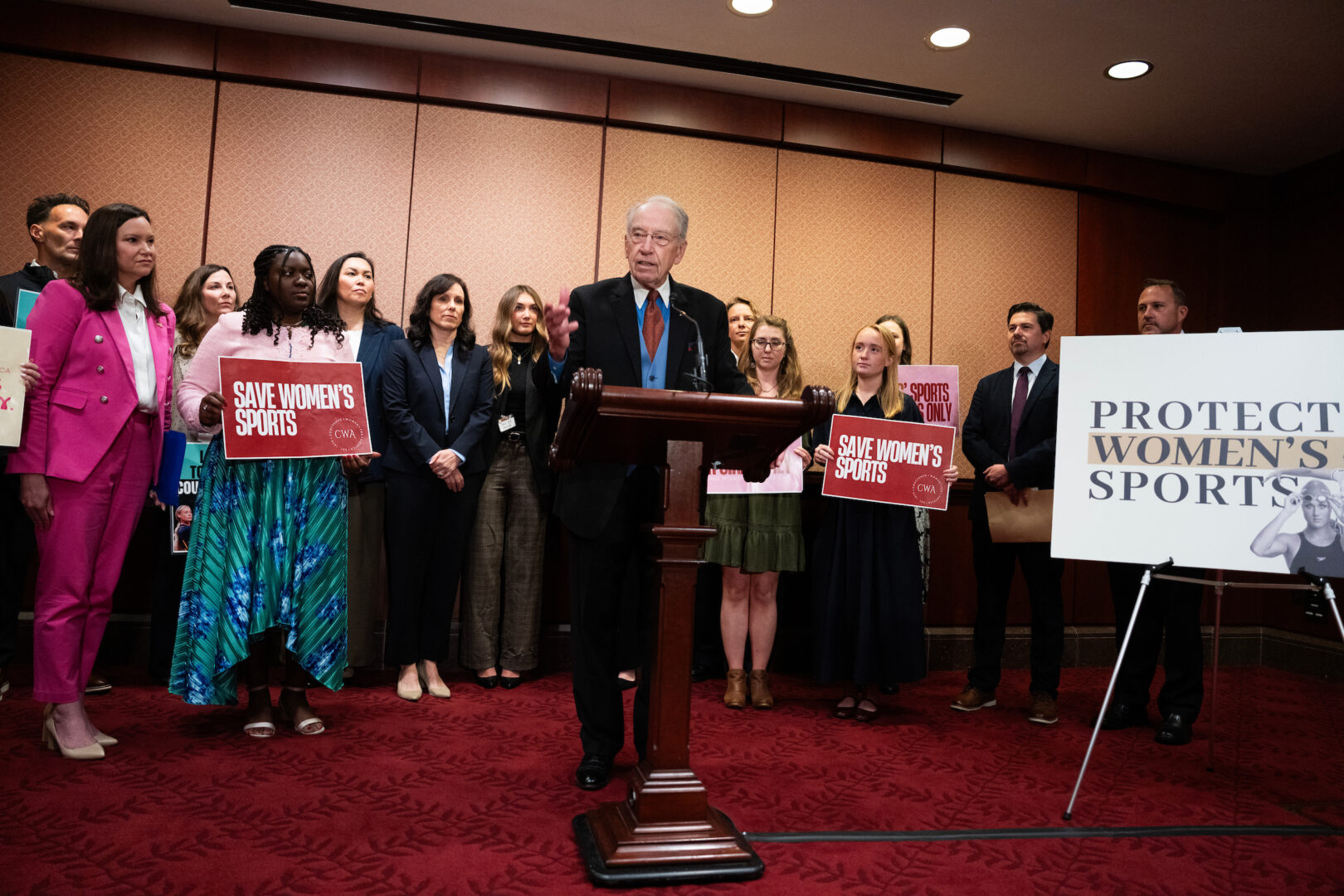 Senate Judiciary Chairman Charles E. Grassley, R-Iowa, speaks during a news conference on Wednesday after holding a hearing titled "Standing Up for Women in Sports: Ensuring Opportunity, Fairness and Safety for Female Athletes.” The issue is resonating on the campaign trail — but it looks a little different from 2024.