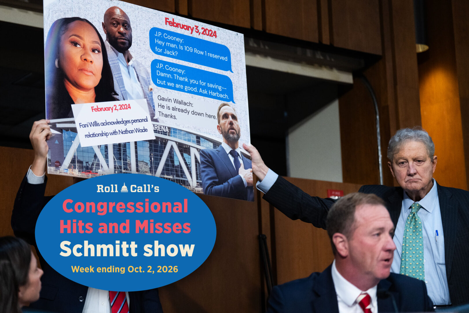 Sen. John Kennedy, R-La., right, holds a sign while Sen. Eric Schmitt, R-Mo., questions former special counsel Jack Smith during a Senate Judiciary Committee hearing in the Hart Senate Office Building on September 29, 2026. 