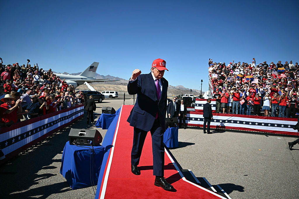 President Donald Trump arrives to speak at a campaign rally at Laughlin/Bullhead International Airport in Bullhead City, Ariz., on Wednesday.