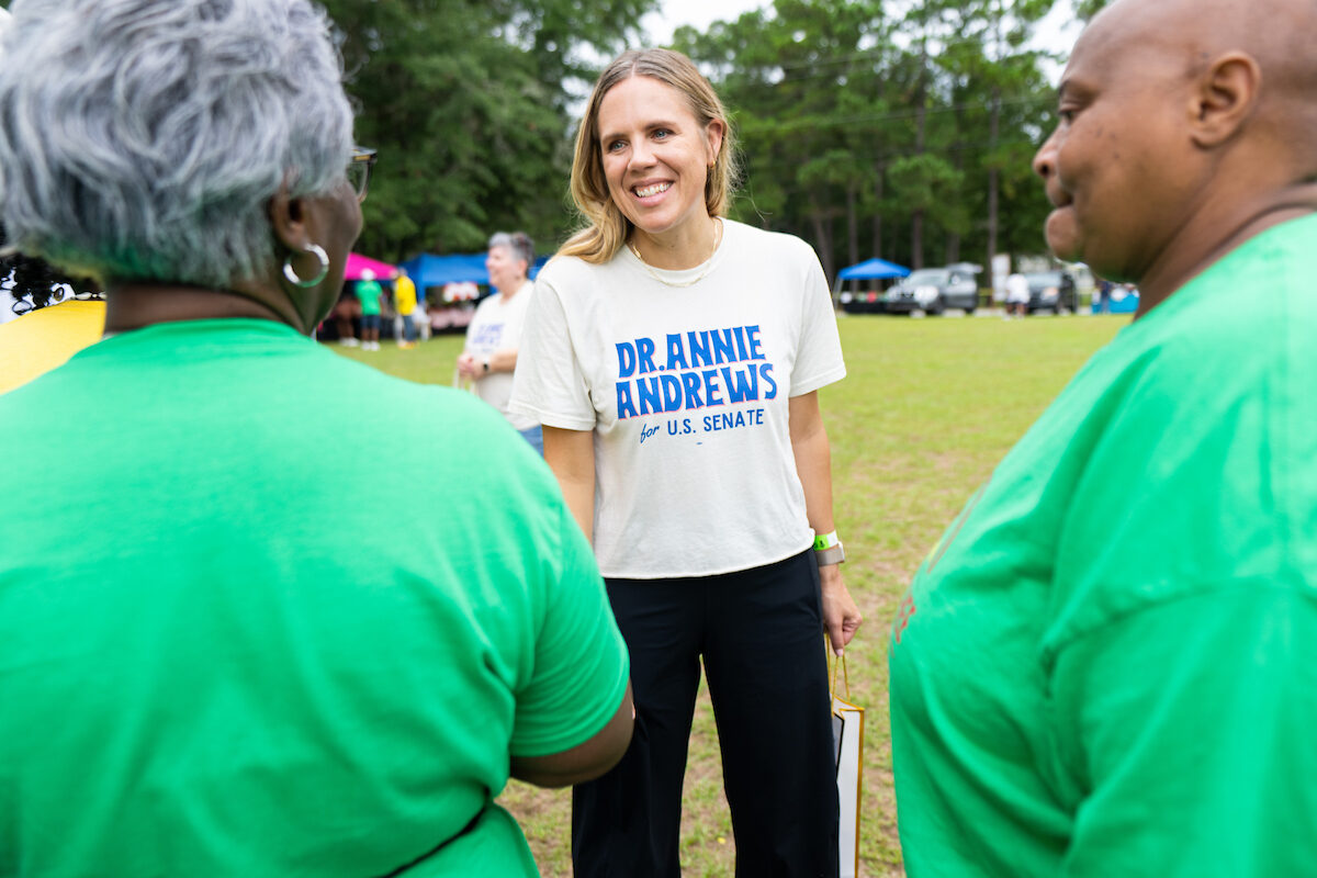 South Carolina Democrat Annie Andrews, here greeting prospective voters in Edisto Island, S.C., in August, outraised Republican Sen. Darline Graham during the third fundraising quarter, new federal filings show.