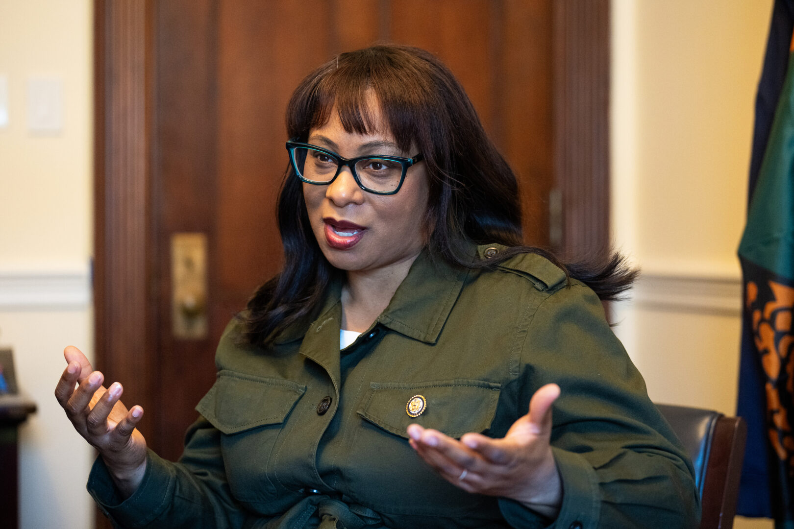 Rep. Janelle Bynum, D-Ore., speaks with a reporter in her office in the Longworth building on Jan. 22.